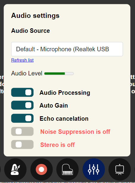 Audio Settings showing default audio settings
